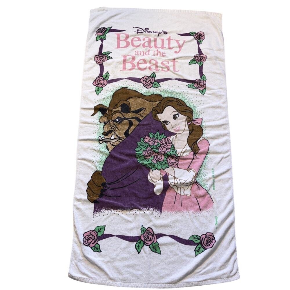 Vtg 90s Disney Beauty and the Beast Beach Towel Franco Belle Beast Rare Kidcore